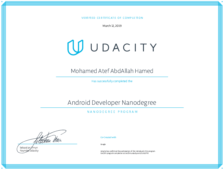 Android Nanodegree — certificate of Mohamed Atef