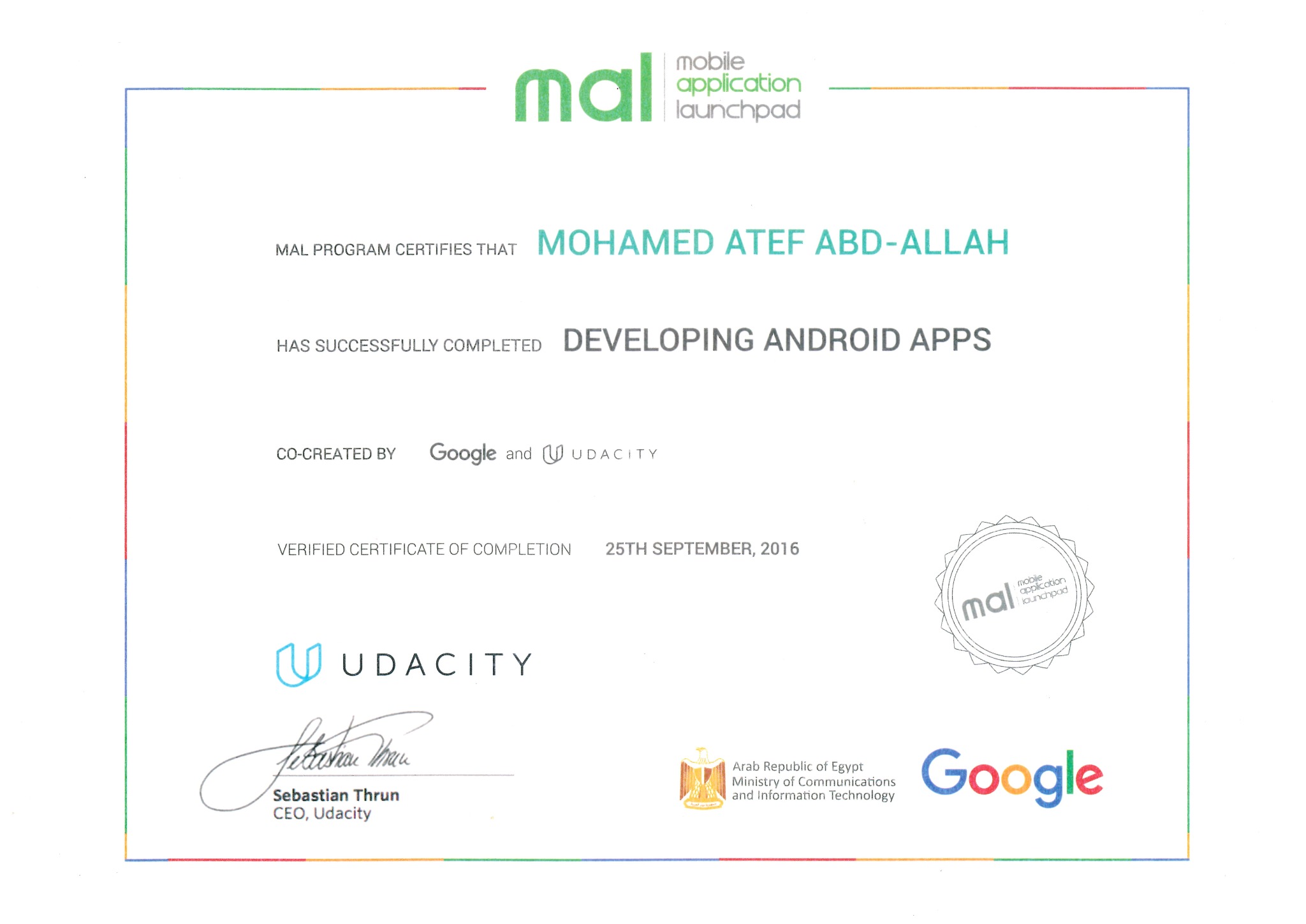 Developing Android Apps Mal — certificate of Mohamed Atef