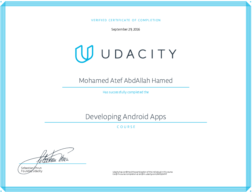 Developing Android Apps — certificate of Mohamed Atef