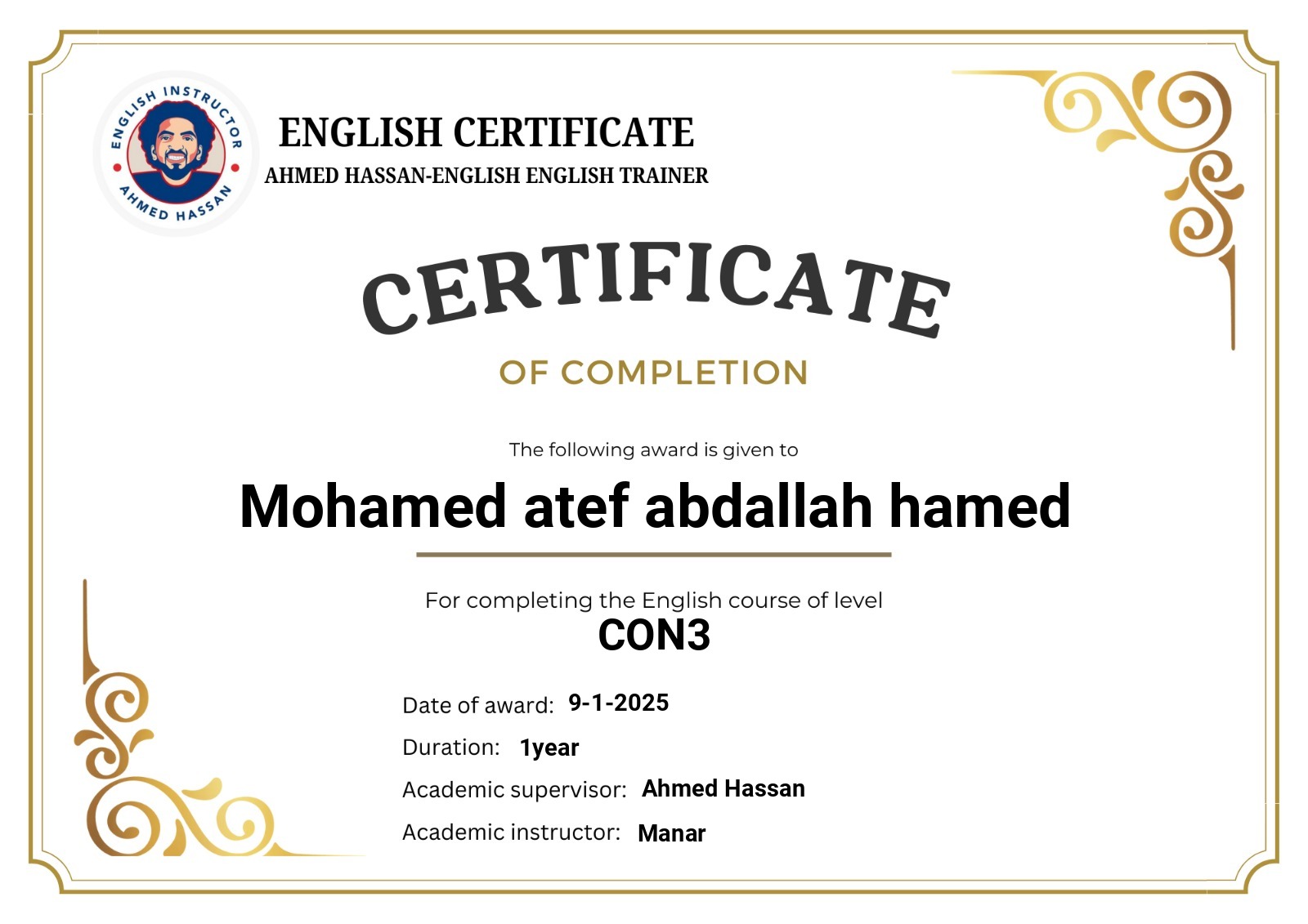 English Conversation — certificate of Mohamed Atef