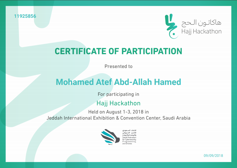 Hajj Hackathon — certificate of Mohamed Atef