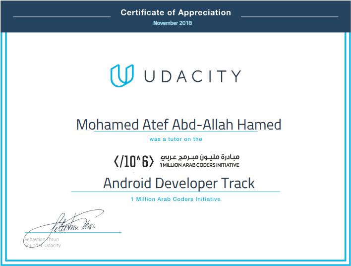 One Million Arab Coders — certificate of Mohamed Atef